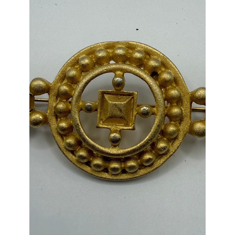 Vintage Matte Gold Tone Geometric Bar Brooch Textured Beaded Design Accessory - Picture 5 of 10